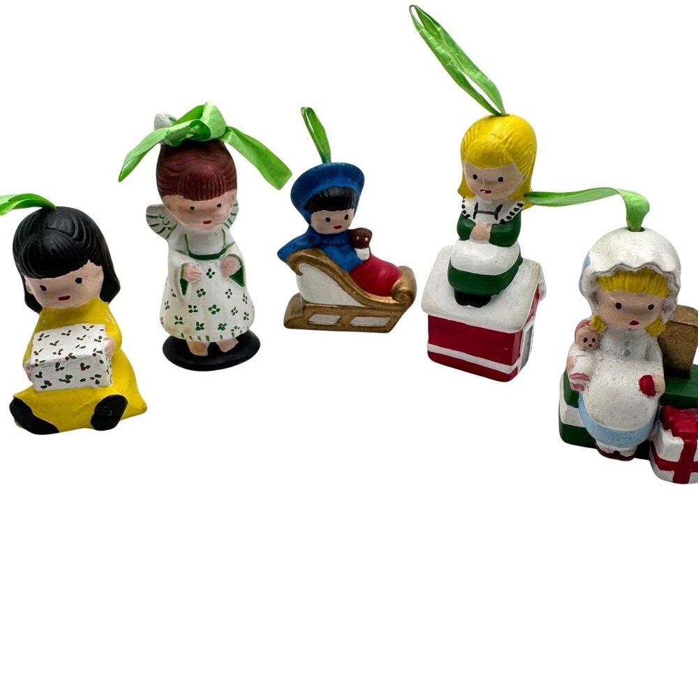 Set Of 5 Hand-Painted Christmas Ornaments With Green Ribbon Hangers